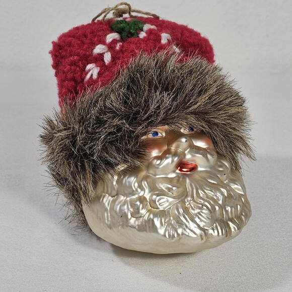Vintage Dillards Trimmings Santa Claus Glass Christmas Ornament With Fur Trim - Picture 1 of 10